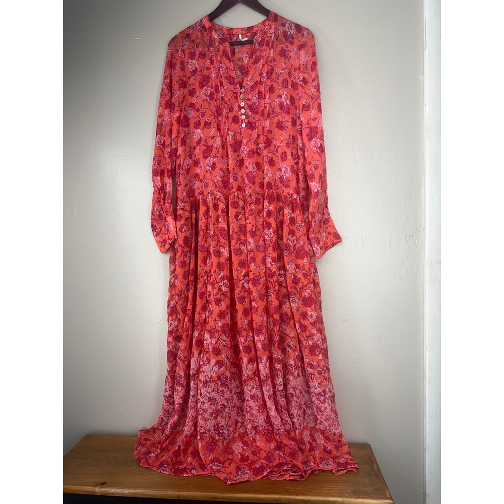 Free People Coral Pink Floral Pintuck Maxi Dress Long Sleeve Boho Small